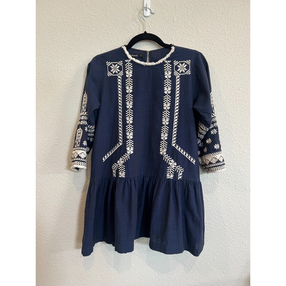 Embroidered Navy Tunic Top with White Detailing